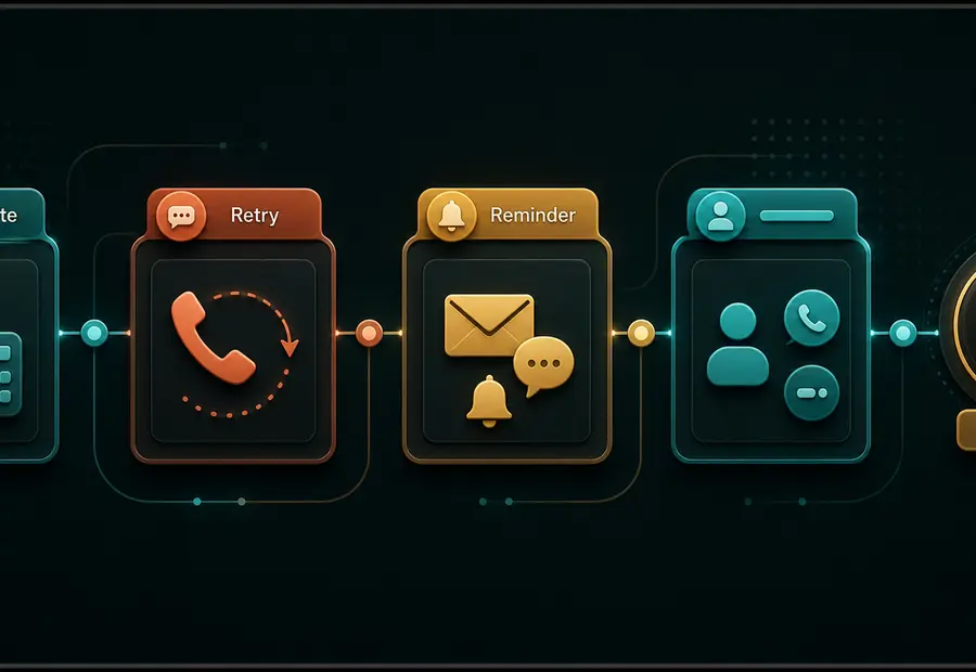 Follow-up timeline with estimate, retry, reminder, and completion stages