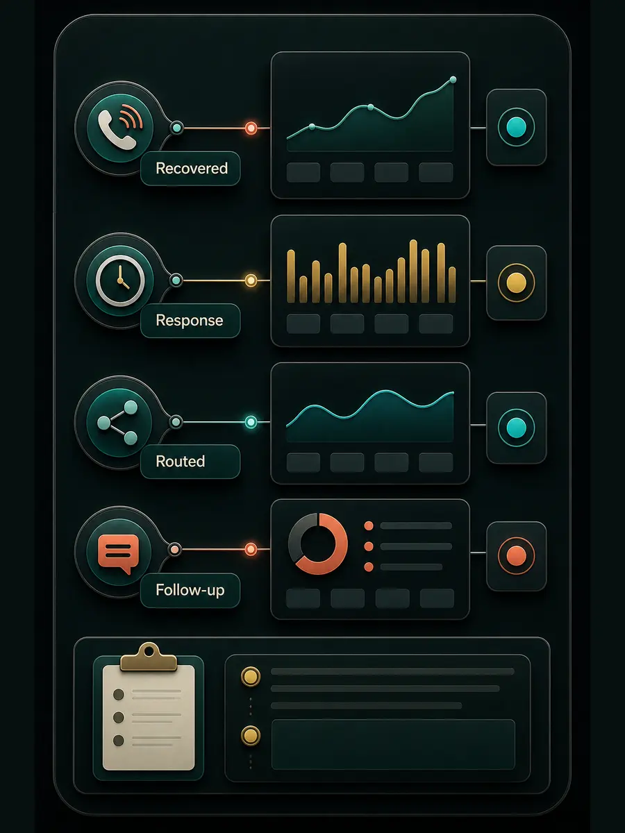 Blank-state measurement dashboard with recovered, response, routed, and follow-up category lanes